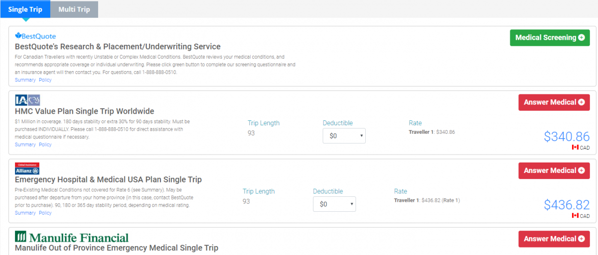 Screenshot of a quote with multiple insurance policy options